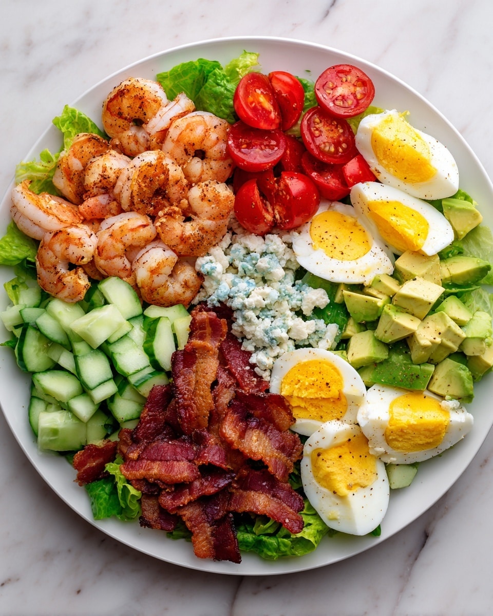 A white plate holds a colorful layered salad arranged in six sections on a white marbled surface. Starting at the top right, there are five halved boiled eggs with bright yellow yolks and a light sprinkling of black pepper. To the left of the eggs, there is a pile of chopped red cherry tomatoes with shiny, slightly wet surfaces. Below the tomatoes, there is another layer of crispy brown bacon pieces in the middle. To the right of the bacon, there is a layer of creamy blue cheese crumbles with white and blue-green spots. Below the bacon, fresh green cucumber chunks with smooth, pale green skin are placed evenly. In the bottom left corner, cubes of green avocado are layered over light green lettuce leaves that cover the base of the plate. Steamed pink shrimp with a curled shape and slight char are arranged in the left center. The whole dish sits on a white marbled background, photo taken with an iphone --ar 4:5 --v 7