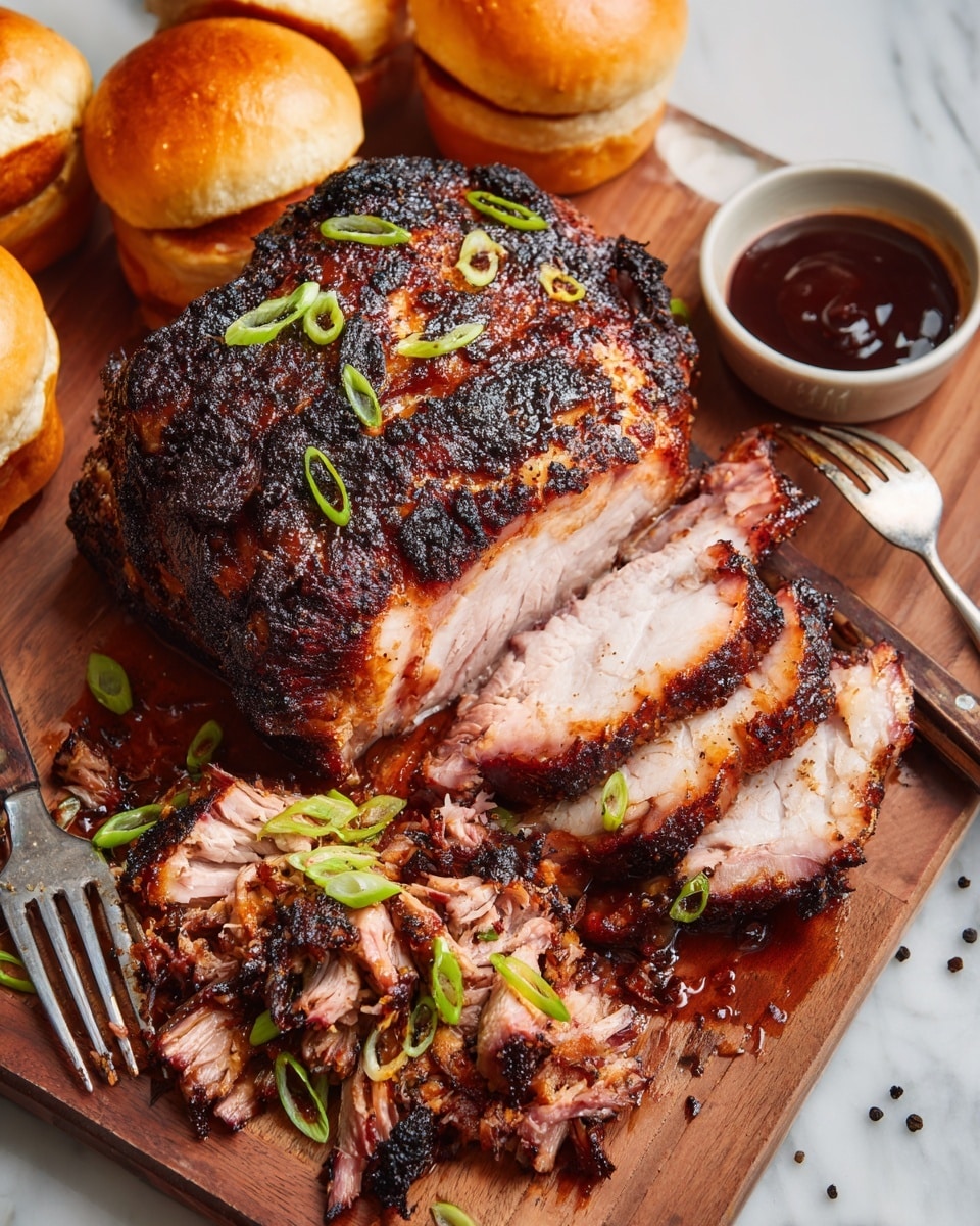 A close-up view of a large Boston butt pork roast with a dark, crispy bark on the outside and tender, pinkish inside showing well-defined muscle fibers, resting on a wooden cutting board. Two forks pull apart the juicy meat, revealing the moist texture inside while the outside crust looks rich and charred. Below, on the same board, there is a pile of shredded pork layered with pieces of crispy blackened bark and garnished with thin slices of green onions, sitting in a pool of glistening pork juices. Surrounding the board are golden toasted sandwich buns, a small bowl of barbecue sauce, and a sprinkle of black pepper on the wood surface, all set on a white marbled texture background. Photo taken with an iphone --ar 4:5 --v 7