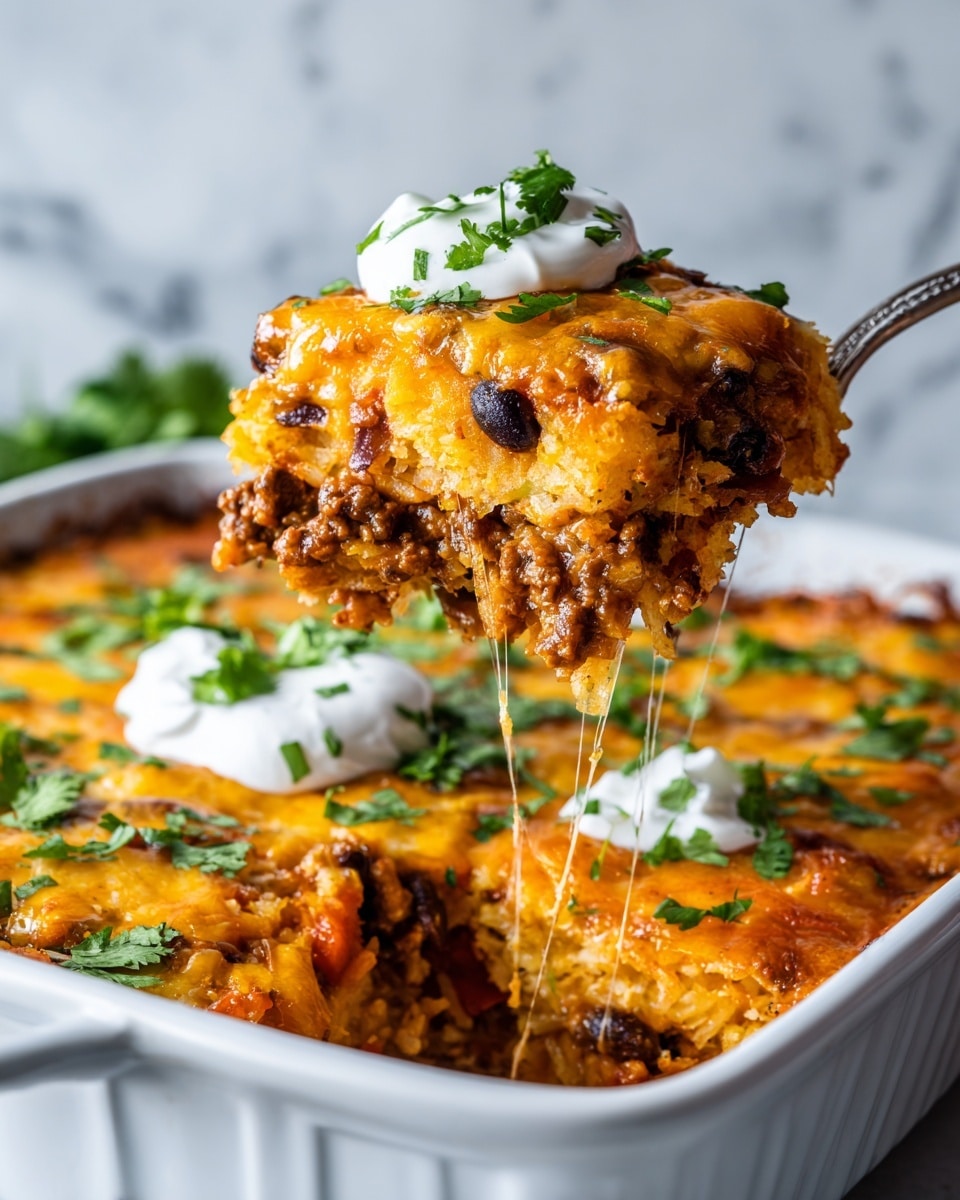 A close-up of a white casserole dish filled with a layered taco hashbrown casserole, visible layers include a bottom layer of brown cooked ground beef, black beans scattered through, a middle layer of crispy golden hashbrowns, and a rich top layer of melted bright orange cheddar cheese stretching as a fork lifts a serving; dollops of white sour cream and sprinkled fresh green cilantro leaves sit on top, the background is a white marbled texture photo taken with an iphone --ar 4:5 --v 7