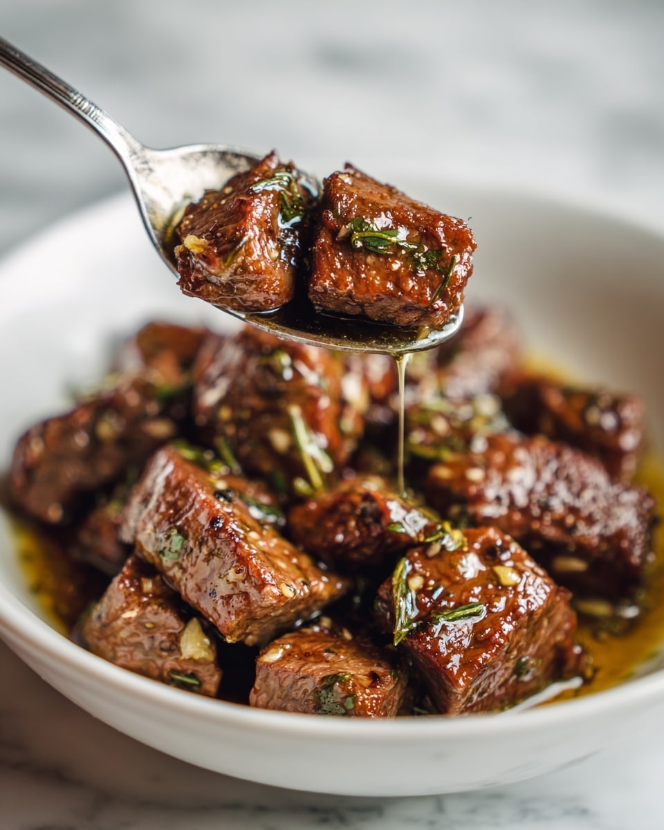 A close-up image showing a small cube of cooked beef being held by a silver fork, dripping with golden garlic butter sauce. The beef cube is browned with a slightly crispy texture, topped with chopped garlic and green parsley. The beef is above a white plate with a pool of shiny yellow butter sauce, sprinkled with minced garlic, green parsley pieces, and red chili flakes. Below, there is a white bowl filled with more cubes of beef soaked in the same garlic butter sauce, garnished with parsley and garlic bits, and a large silver spoon resting inside the bowl. The background has a white marbled texture. Photo taken with an iphone --ar 4:5 --v 7