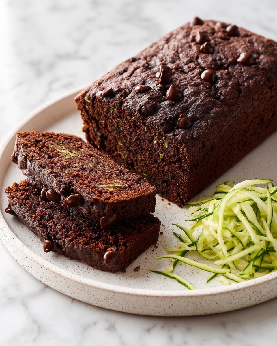 A chocolate zucchini bread loaf is shown on a white plate set on a white marbled surface. The loaf has a dark brown, slightly cracked top with scattered shiny chocolate chips. Two slices are cut and laid in front of the loaf, revealing a moist, dense crumb that is speckled with tiny green zucchini pieces inside. To the side of the plate, there is a small pile of fresh shredded zucchini with dark green skin and light green flesh. The scene highlights the textures and colors of the chocolate bread with green zucchini bits inside, inviting and rich. photo taken with an iphone --ar 4:5 --v 7