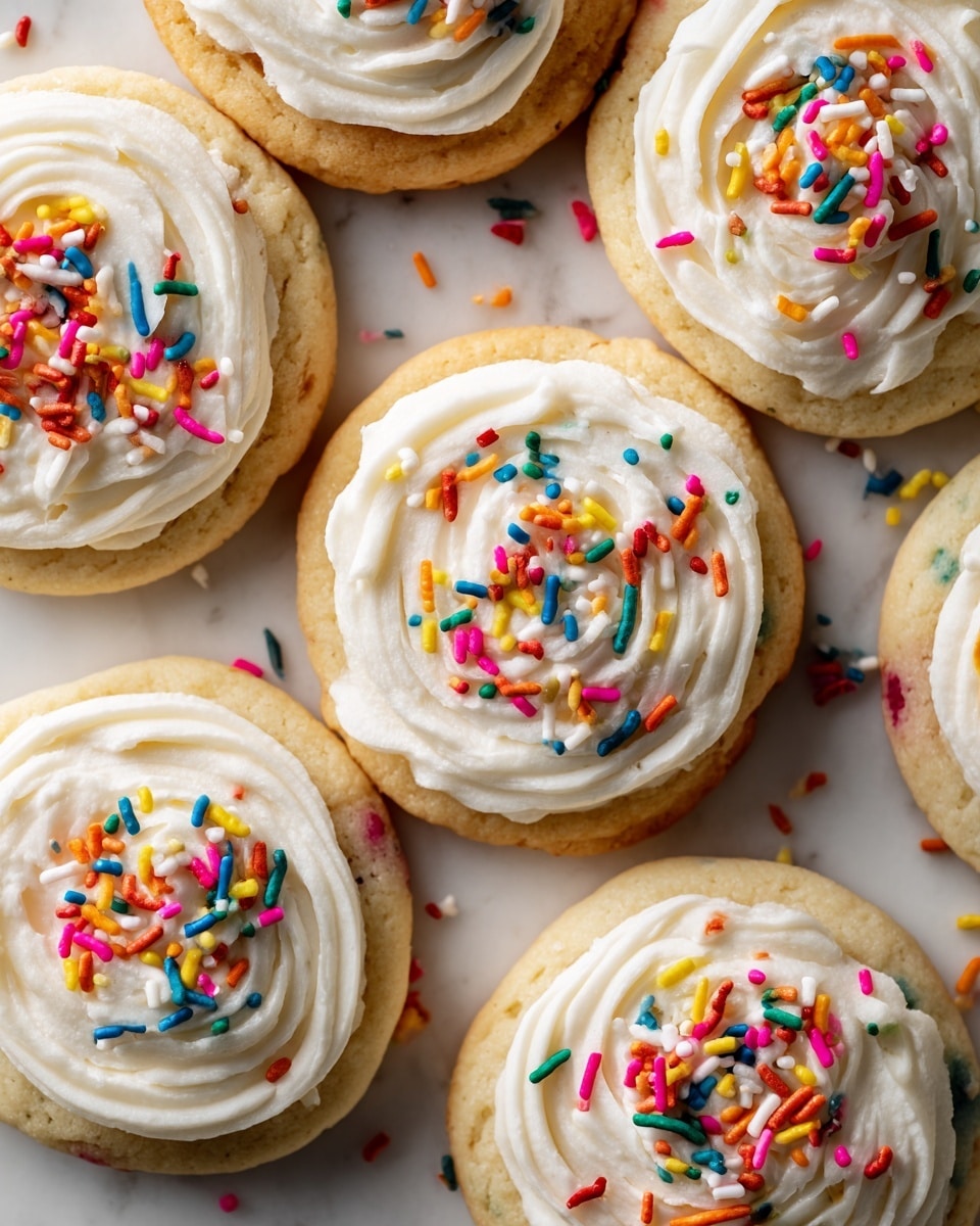 A close-up shot of eight round sugar cookies placed together on a white marbled surface, each topped with one thick, creamy layer of light beige frosting spread in smooth concentric circles. The frosting is decorated with colorful, tiny rod-shaped sprinkles in red, green, yellow, orange, blue, white, brown, and pink scattered randomly on top. The cookies have a light golden-brown base with tiny colorful specks reflecting mixed-in sprinkles or confetti. Around the cookies, a few loose sprinkles are scattered lightly on the white marbled background. photo taken with an iphone --ar 4:5 --v 7