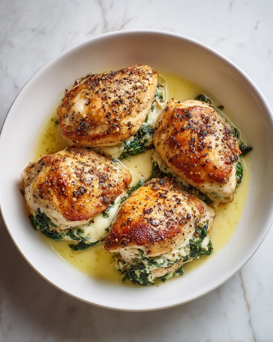The image shows four stuffed chicken breasts in a white round dish on a white marbled surface. Each chicken breast is golden brown and cooked with visible black pepper on top. The chicken is cut open and filled with a creamy white cheese mixture and dark green spinach leaves, which are folded inside the chicken. The dish also has a light buttery sauce that pools around the chicken, adding a shiny texture to the dish. The chicken breasts are arranged so they fill the plate evenly, with the filling clearly visible in the center of each piece. Photo taken with an iphone --ar 4:5 --v 7