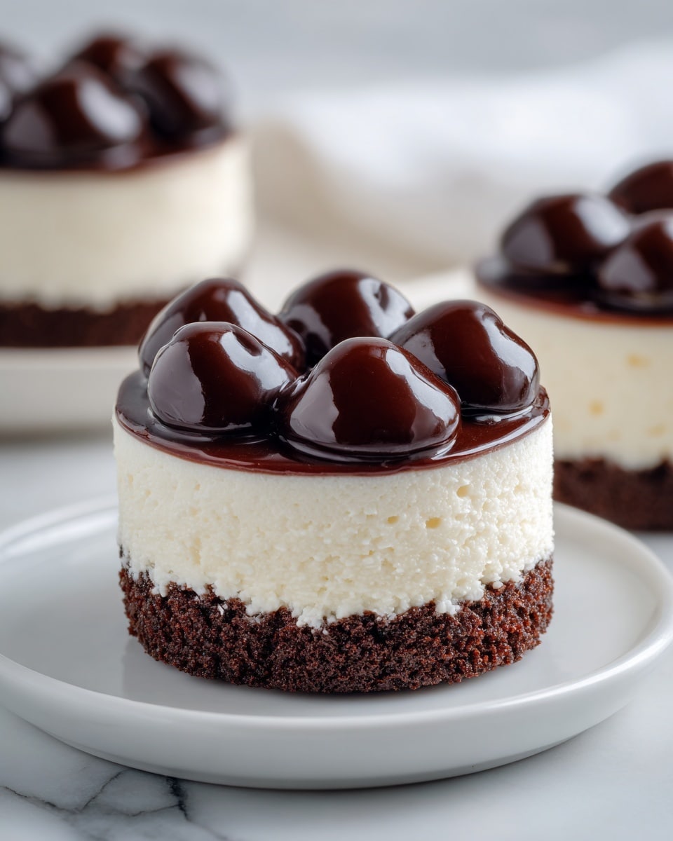 A small round dessert with three layers sits on a white plate over a white marbled texture. The bottom layer is a dark brown cake, crumbly and moist in texture. Above it is a thick, smooth, creamy layer in pale yellow. On top, there are six glossy dark chocolate dollops, evenly spaced and peaked, resembling teardrops. Two similar desserts blur softly in the background, creating depth. photo taken with an iphone --ar 4:5 --v 7