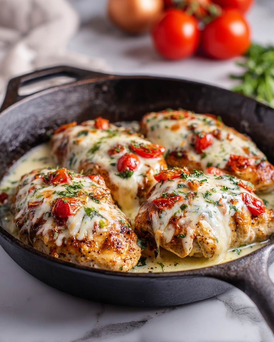 A black cast iron pan sits on a white marbled surface, filled with four pieces of cooked chicken breast. Each chicken piece is topped with a layer of melted white cheese that has a slightly bubbly texture, sprinkled with finely chopped green herbs. On top of the cheese, there are small chunks of bright red tomatoes scattered evenly. The chicken itself has a golden brown color with a slightly crisp edge. Photo taken with an iphone --ar 4:5 --v 7