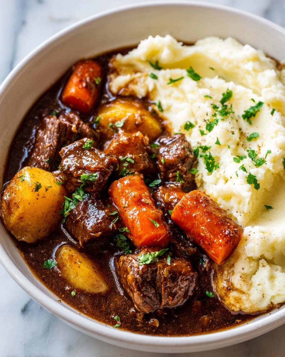 A bowl with a dark brown stew containing chunky pieces of beef, orange carrot cubes, and light yellow potato chunks all mixed in a thick, shiny brown sauce. On one side of the bowl, there is a layer of creamy, off-white mashed potatoes with small green herb bits sprinkled on top. The dish is garnished with finely chopped green herbs scattered over the stew. The bowl is white and sits on a white marbled textured surface. photo taken with an iphone --ar 4:5 --v 7