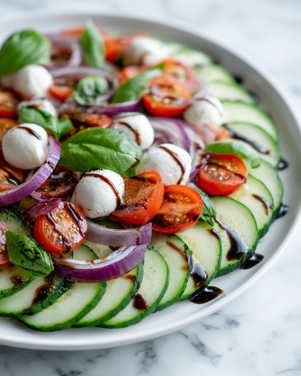 The image shows a close-up of a fresh salad with layers of cut cherry tomatoes in red, cucumber slices in green, and small white mozzarella balls spread evenly. These ingredients sit on a white marbled surface and are mixed with purple onion slices and fresh green basil leaves. The salad is sprinkled with ground black pepper and drizzled with dark balsamic glaze, adding texture and color contrast. The overall look is vibrant and colorful with the round shapes of the vegetables and cheese giving a fresh and appetizing feel. photo taken with an iphone --ar 4:5 --v 7