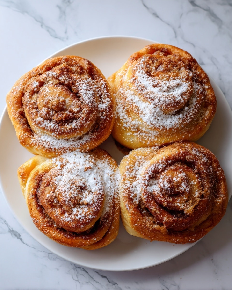 The image shows four golden-brown cinnamon rolls on a black surface, each with soft, spiral layers that reveal the cinnamon filling inside. The rolls have a slightly crisp outer texture with a light dusting of white powdered sugar on top, adding a touch of contrast. The swirls are well-defined, with darker cinnamon shades visible between the lighter dough layers. The rolls sit close together, highlighting their fluffy, soft appearance. Photo taken with an iphone --ar 4:5 --v 7