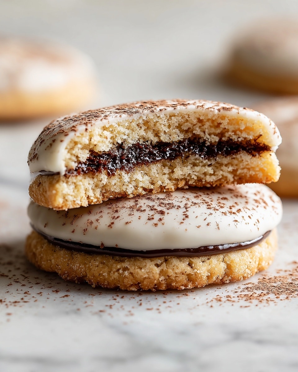 A close-up view of a square cookie cut in half to show its three layers: a bottom layer of light golden-brown baked dough with a slightly crumbly texture, a middle layer filled with a thick, dark brown nutty mixture, and a top layer covered in a smooth, light tan frosting dusted with a sprinkle of fine brown powder. The cookie rests on a stack of similar cookies on a white marbled surface. Photo taken with an iphone --ar 4:5 --v 7