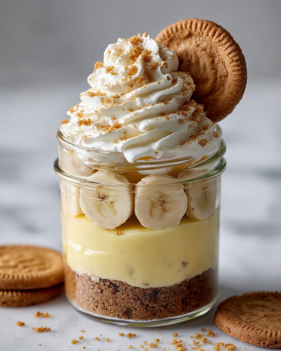 A clear glass jar holds a three-layer dessert: the bottom layer is crushed brown cookies with a crumbly texture, followed by a smooth, pale yellow pudding layer. In the middle, there is a ring of sliced bananas placed vertically against the glass, surrounded by more pudding. The top layer is white whipped cream piped in soft swirls, sprinkled with crushed cookie crumbs, and decorated with a whole brown cookie inserted upright on one side. The jar sits on a white marbled surface. photo taken with an iphone --ar 4:5 --v 7