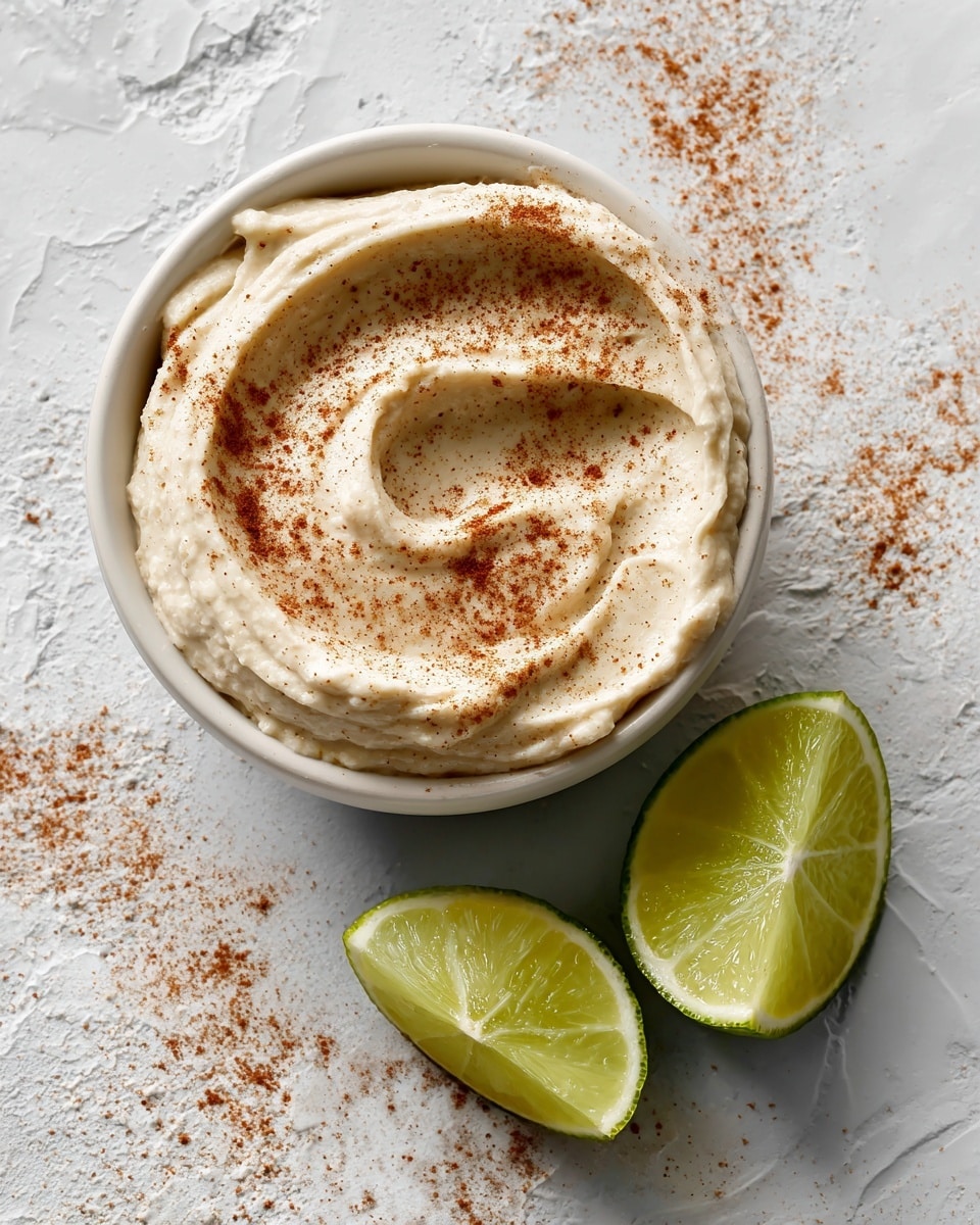 A white bowl filled with creamy beige hummus, swirled on top with a soft, smooth texture, sprinkled lightly with reddish-brown paprika powder. Next to the bowl are two lime pieces – one cut in half showing its green and pale juicy inside, and the other a wedge standing upright. The scene is set on a white marbled surface with some scattered paprika specks around, giving a fresh and natural look. photo taken with an iphone --ar 4:5 --v 7