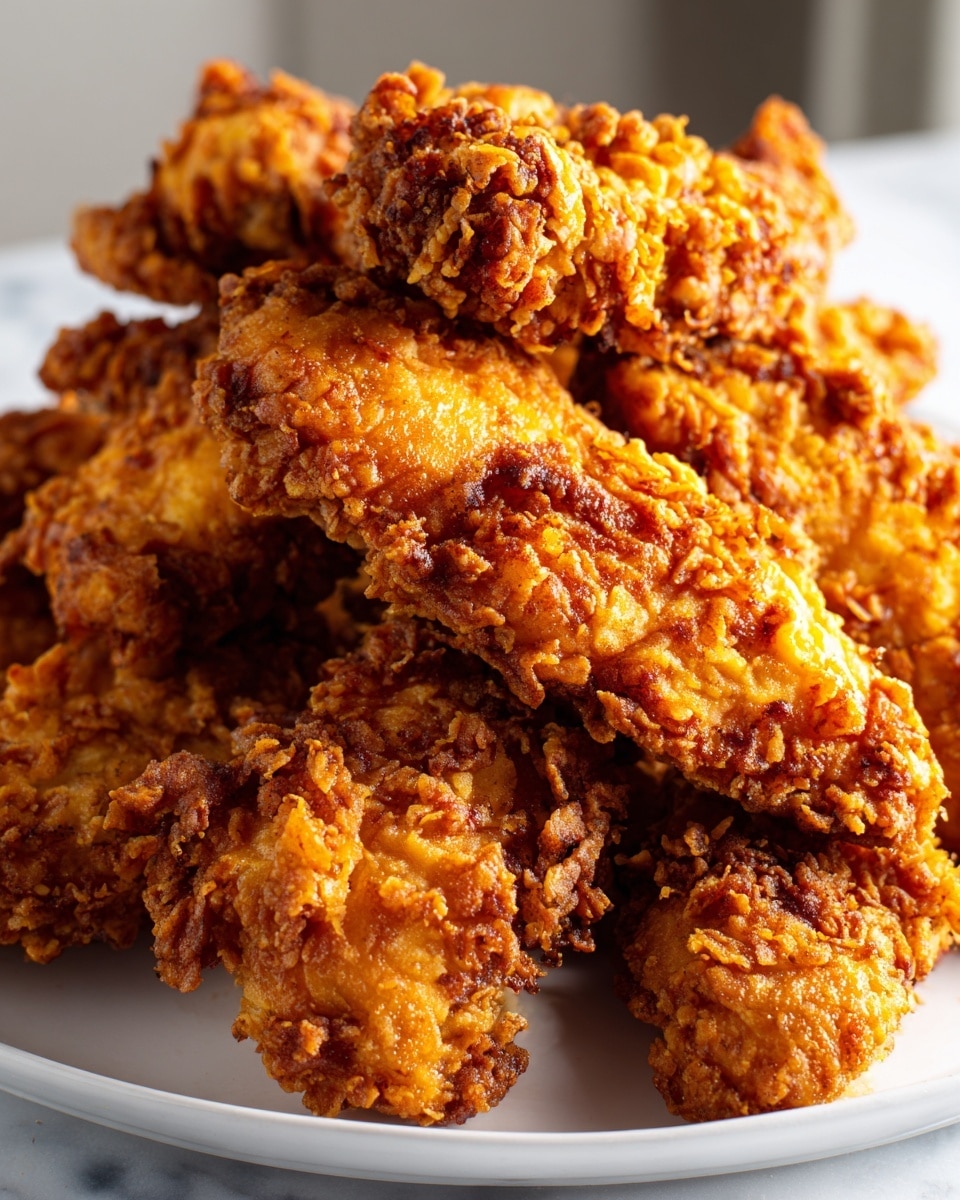 A large white plate filled with many pieces of golden brown, crunchy fried chicken tenders piled high, each piece showing an irregular, textured crispy crust that looks rough and crunchy. The chicken pieces vary in size and shape, stacked in a small mound on the plate. The background and surface have a white marbled texture, putting full focus on the warm color of the fried chicken. photo taken with an iphone --ar 4:5 --v 7