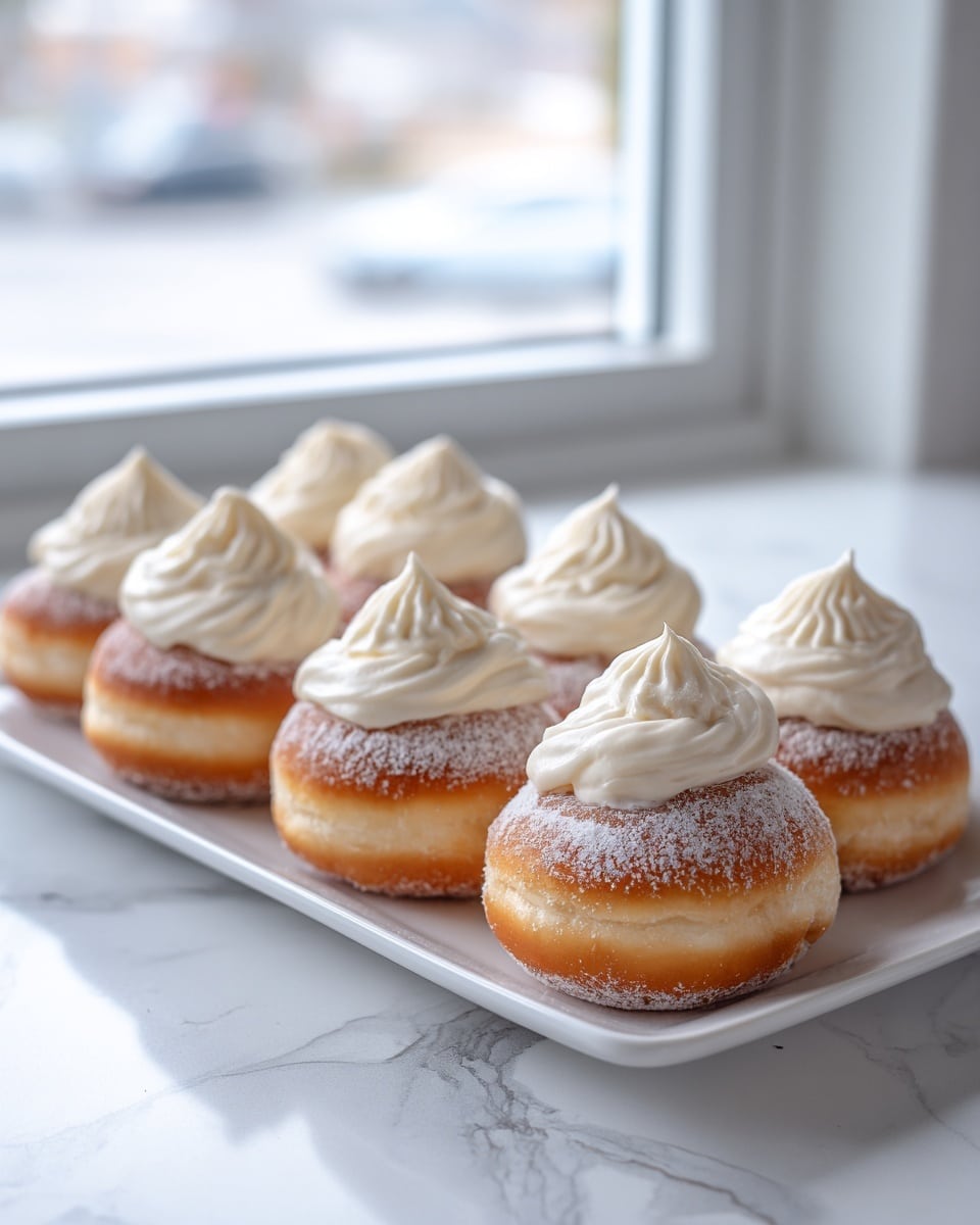 A white rectangular plate holds eight round doughnuts arranged close together. Each doughnut has a golden-brown base with a light dusting of powdered sugar near the top. On top of each, there is a thick swirl of white cream, smoothly piped in a circular motion, forming a soft peak at the center. The plate rests on a white marbled surface with soft natural light coming from a nearby window. The photo taken with an iphone --ar 4:5 --v 7