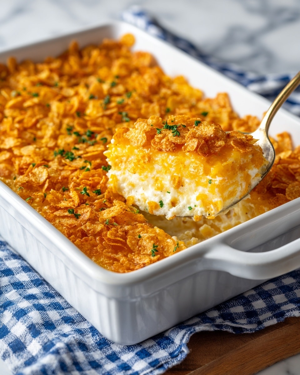 A white rectangular casserole dish filled with a hash brown casserole showing three visible layers: a bottom layer of soft, shredded pale yellow hash browns, a middle layer of melted bright orange cheddar cheese, and a top layer of golden, crunchy cornflake crumbs evenly spread. A silver spoon rests inside the casserole near a corner where a portion has been scooped out, revealing the layers inside. The dish sits on a white marbled textured surface next to a blue and white checkered cloth, with soft natural light coming from a window in the background. Photo taken with an iphone --ar 4:5 --v 7