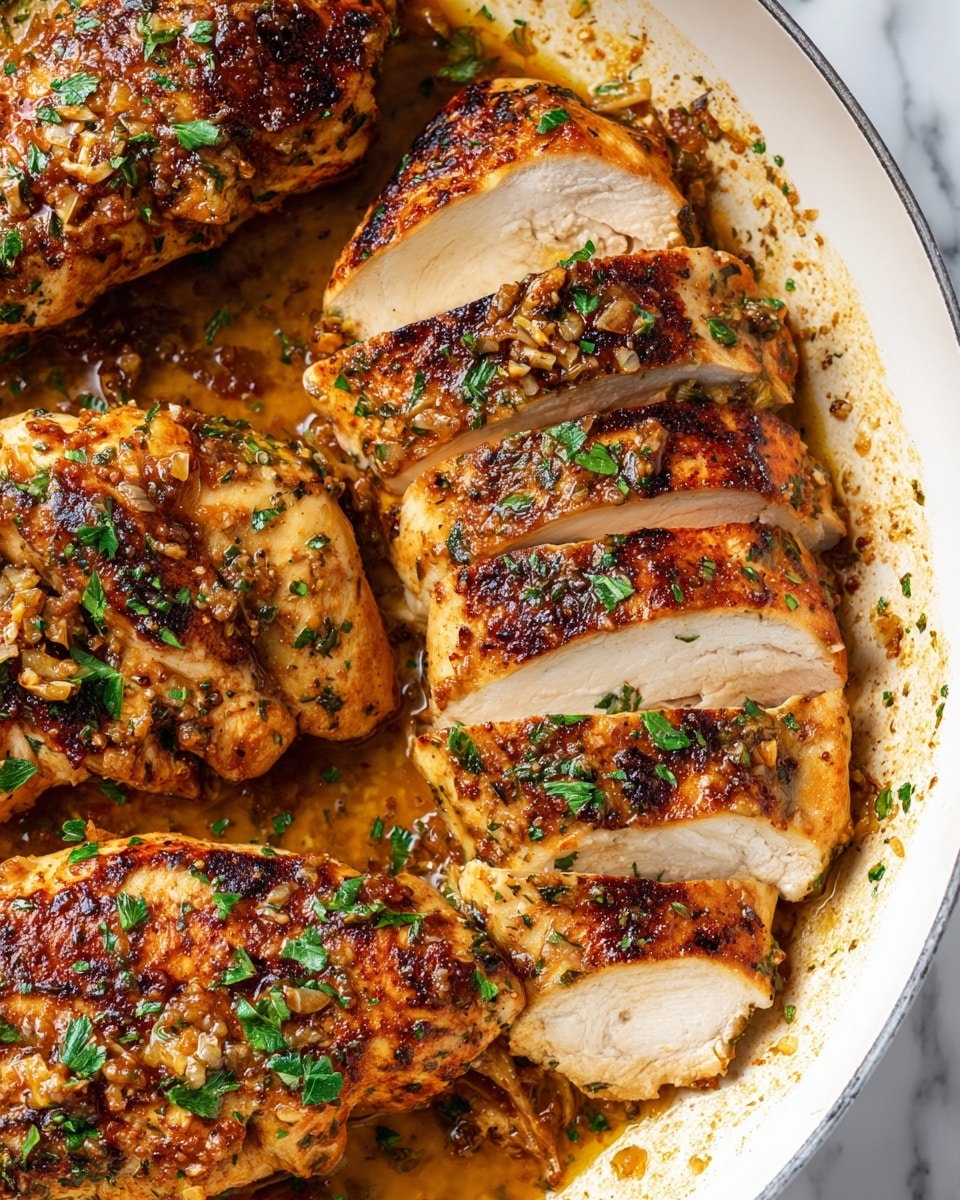 The image shows several pieces of cooked chicken breast cut into thick slices and arranged in a white pan. Each chicken piece has a golden-brown, slightly crispy outer layer speckled with herbs, with juicy white meat inside. The chicken is covered in a shiny, oily sauce mixed with minced garlic and sprinkled fresh green parsley. The pan has bits of browned garlic and herbs stuck on its sides, adding texture to the dish. The background is a white marbled surface. Photo taken with an iphone --ar 4:5 --v 7