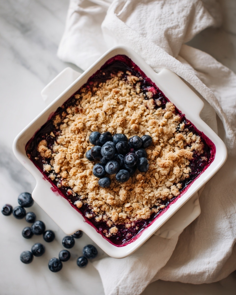 A square white baking dish filled with a blueberry crumble dessert, showing two clear layers: the bottom layer is a deep purple-blue mix of cooked blueberries with some whole berries visible around the edges, and the top layer is a golden-brown oat crumb topping with a rough, uneven texture and clusters of oats spread over the surface. The dish is placed on a white marbled background, with a soft, off-white cloth casually draped beside it. Photo taken with an iphone --ar 4:5 --v 7