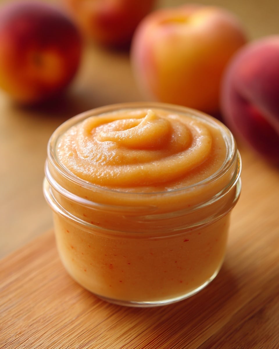 A small clear glass jar is filled with smooth, thick peach-colored puree that swirls gently on top, showing a slightly glossy texture. The jar sits on a wooden surface with soft warm lighting, highlighting the creamy, soft consistency of the puree. In the background, blurry peach fruit shapes add a natural touch. photo taken with an iphone --ar 4:5 --v 7