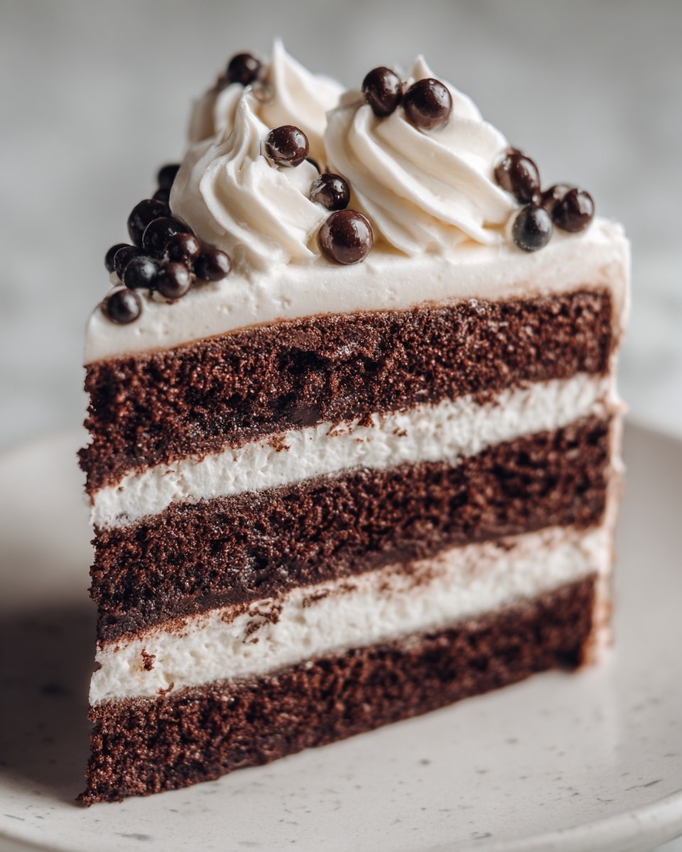 A close-up view of a layered chocolate cake slice with four thick, dark brown, moist cake layers separated by three smooth, white creamy frosting layers; the top is decorated with swirled white frosting topped with small round chocolate beads in dark and light colors, all set against a white marbled background. photo taken with an iphone --ar 4:5 --v 7