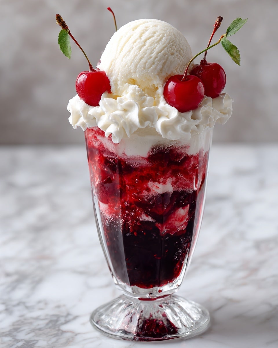 A tall clear glass filled with several layers: the bottom layer is dark red syrup, followed by a thick layer of red strawberry chunks, then a layer of white cream gently dripping down the sides. On top of the cream, there is a scoop of white vanilla ice cream, decorated with three bright red cherries and a small green mint leaf. The glass is placed on a white marbled surface. Photo taken with an iphone --ar 4:5 --v 7