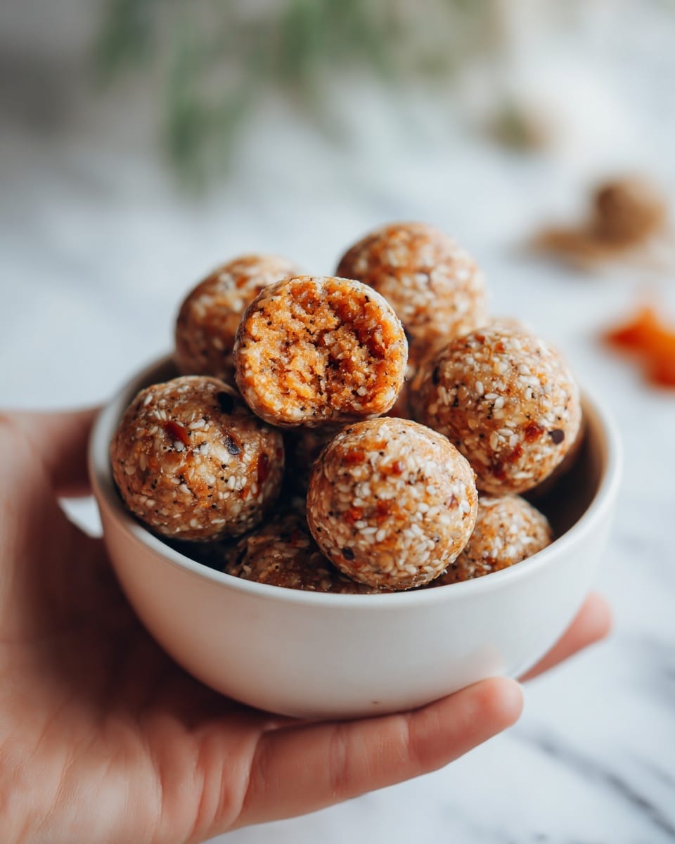 The image shows a white bowl filled with round energy balls that have a textured surface with visible seeds and small bits of nuts or fruits. One ball is cut in half, revealing an orange, moist inside with specks of darker bits throughout. The background includes a white marbled surface and some blurred objects, giving a clean and fresh look. A woman's hand is not visible, but the close-up focus highlights the detailed texture of the snack. photo taken with an iphone --ar 4:5 --v 7