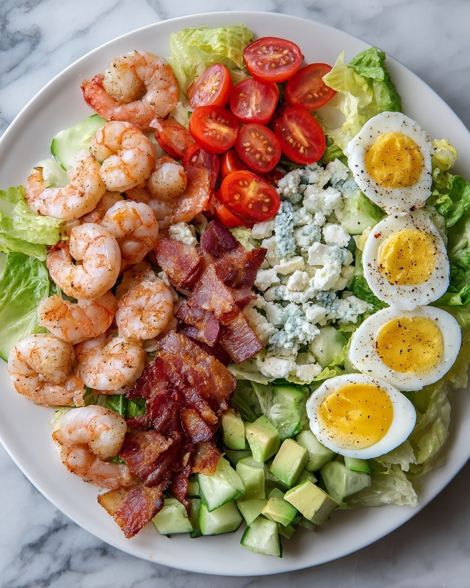 A white plate holds a colorful salad arranged in separate sections on a bed of green lettuce leaves. In the bottom left corner, there are pink cooked shrimp with a slightly shiny texture, next to crispy reddish-brown bacon pieces in the middle. To the right of the bacon, there are small white and blue crumbled cheese pieces sprinkled over green cucumber chunks. Below the cucumbers are creamy light green avocado chunks. On the top right side of the plate, there are halved boiled eggs with bright yellow yolks and white edges, seasoned with black pepper. Above the bacon and shrimp, bright red sliced cherry tomatoes are placed next to the eggs. The whole scene is set on a white marbled surface. Photo taken with an iphone --ar 4:5 --v 7