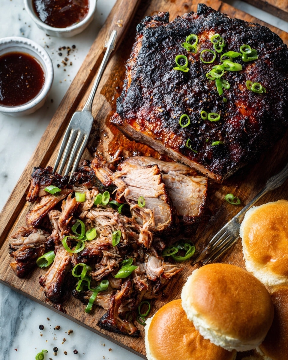 A close-up of a Boston butt pork roast with a dark, crispy bark on the outside and tender pinkish meat inside, shown in two parts: the top part shows the roast being pulled apart with two forks, revealing thick layers of juicy, stringy meat with a golden brown crust; the bottom part shows a white plate piled high with shredded pork, mixed with crispy black bark pieces, and garnished with sliced green onions, all resting on a wooden board with some sauce and bread rolls nearby, set against a white marbled texture. Photo taken with an iphone --ar 4:5 --v 7