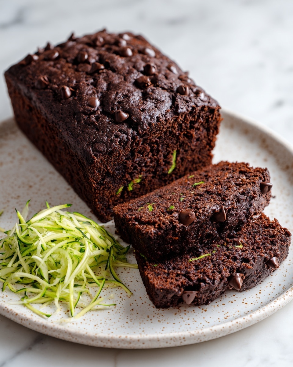 A loaf of dark chocolate zucchini bread is shown on a white plate with a speckled pattern. The bread has a rough, cracked top layer studded with shiny chocolate chips. Inside, the texture is moist and dense, with visible thin green zucchini strips spread through the bread. Two slices are cut and angled in front of the main loaf. On the side of the plate is a small pile of thinly shredded zucchini. The whole scene is set on a white marbled surface. photo taken with an iphone --ar 4:5 --v 7