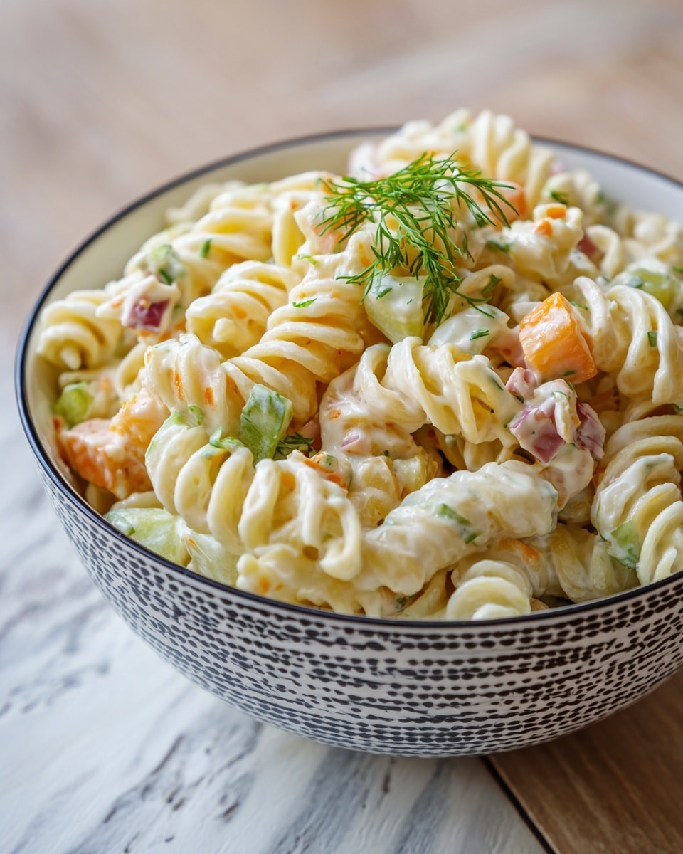 A close-up of a bowl filled with creamy pasta salad made of twisted pasta shells coated in white dressing. Mixed in are scattered pieces of orange cheddar cheese cubes, small green pickle slices, and hints of diced red ingredients, possibly ham. On top, a few sprigs of fresh green dill add color. The bowl is white inside with a patterned black rim and is set on a wooden surface with a white marbled texture visible around it. photo taken with an iphone --ar 4:5 --v 7