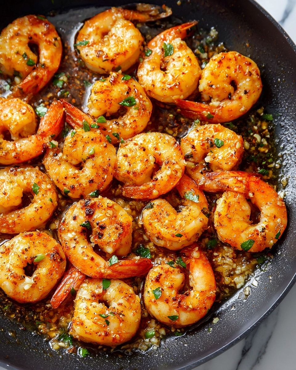 A close-up view of a black pan filled with cooked shrimp that are curled and orange with light brown seasoning and small green herb pieces sprinkled over them. The shrimp sit in a shiny, oily sauce with garlic bits visible, giving the dish a glossy texture. The pan is set on a white marbled surface, showing warmth and freshness. photo taken with an iphone --ar 4:5 --v 7