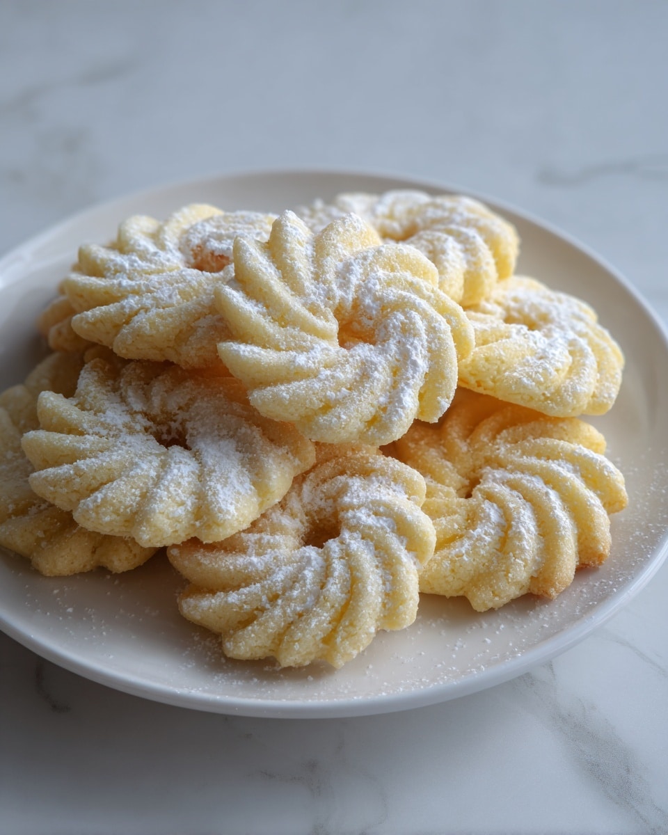 The image shows a white plate filled with many round butter cookies, each with detailed designs and patterns. The cookies have soft, pale yellow color and look crumbly and rich. Each cookie has a different pattern, such as swirls, waves, and floral shapes, all clearly visible on the surface. There is a light dusting of powdered sugar on top of the cookies, adding a soft white contrast to the yellow. The plate is placed on a white marbled surface, and the arrangement of cookies looks inviting and homemade. Photo taken with an iphone --ar 4:5 --v 7