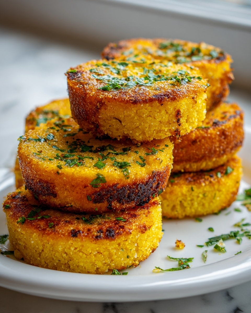 The image shows a white plate stacked with seven round, golden-yellow cakes that have a slightly rough texture. Each cake has a thick layer that is golden yellow on the sides with a crisp, well-browned, and slightly burnt top surface speckled with green herbs and white bits, giving it a crunchy appearance. The cakes are neatly arranged in a pile with some overlapping each other, and the plate is placed on a white marbled surface near a window with soft natural light. photo taken with an iphone --ar 4:5 --v 7