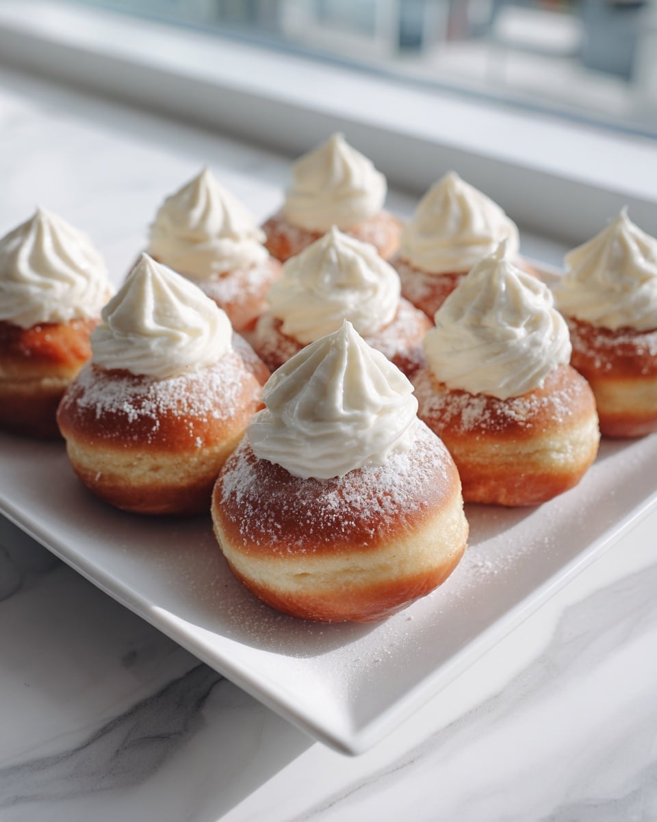 The image shows a white rectangular plate filled with nine round doughnuts arranged in three rows. Each doughnut has a golden-brown base with a light dusting of powdered sugar near the top edge. On top of each doughnut is a swirl of pale cream frosting, smooth and slightly glossy, sitting like a small soft peak. The background is a white marbled surface with light coming softly from the window behind, giving a fresh and clean look. Photo taken with an iphone --ar 4:5 --v 7
