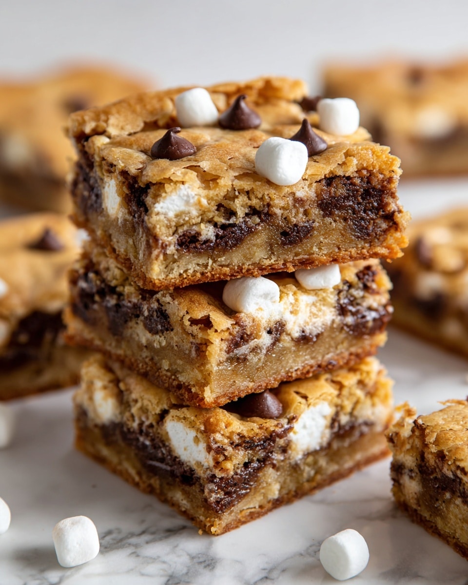 A stack of four thick, square blondie bars with a soft, chewy texture, filled with white mini marshmallows and dark chocolate chips visible throughout each layer. The top layer is golden brown with scattered chocolate chips and marshmallows dotting the surface. Around the stack, more blondie squares lie flat on a white marbled surface, showing the gooey insides with bursts of white marshmallows and dark brown chocolate. The overall scene highlights the rich, sweet dessert in a close-up view. photo taken with an iphone --ar 4:5 --v 7