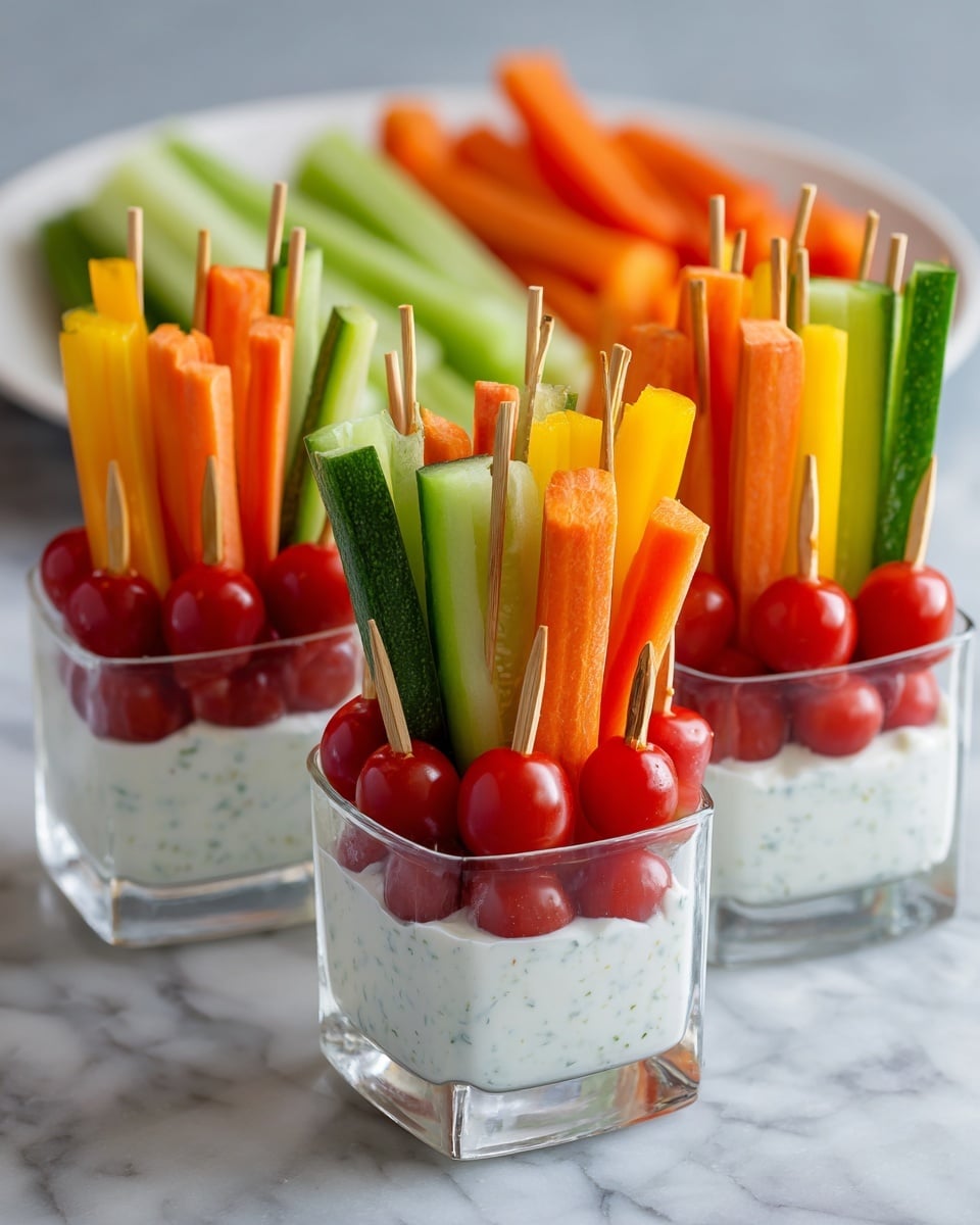 Three clear square cups filled with a white creamy dip at the bottom, standing on a white marbled surface. Each cup holds a colorful variety of fresh vegetable sticks and whole cherry tomatoes arranged vertically. The vegetables include bright orange carrot sticks, green celery sticks, dark green cucumber sticks, and yellow bell pepper strips, creating a vibrant mix of colors. The cherry tomatoes are deep red, some stacked on small wooden skewers placed in the front of the cups. A blurred white plate with more sliced vegetables is in the background. photo taken with an iphone --ar 4:5 --v 7
