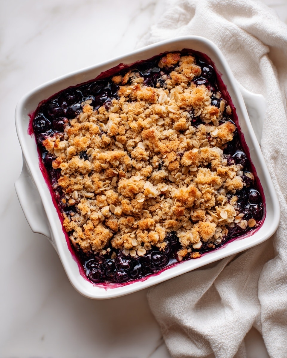 A square white baking dish filled with a blueberry crumble dessert is centered on a white marbled texture. The dish shows two distinct layers: the bottom layer is a deep purple blueberry filling with visible whole blueberries, and the top layer is a golden brown crumble topping made of oats and crumbly bits spread unevenly. Near the dish on the right side, a soft white cloth is casually placed, adding a cozy touch to the scene. Photo taken with an iphone --ar 4:5 --v 7