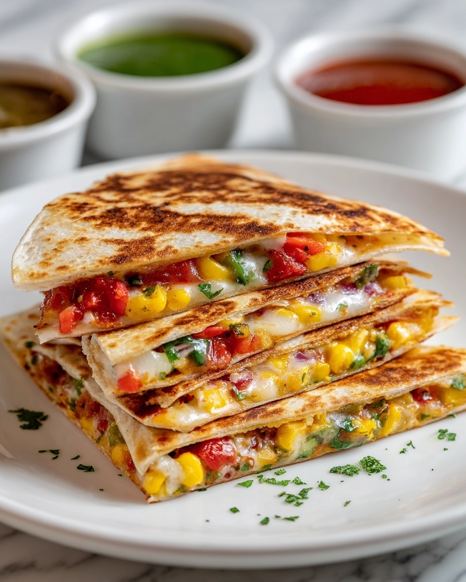 A white plate holds four folded quesadilla triangles stacked in a pyramid shape. Each quesadilla has a browned, slightly crispy outer layer with a golden tan color and some darker grill marks. The inside fillings show colorful diced layers of red tomatoes, green peppers, yellow corn, and melted white cheese with a creamy texture. Flecks of fresh green herbs are sprinkled inside and around the plate. The plate sits on a table with a white marbled texture in soft focus, with two white ramekins filled with green and red sauces blurred in the background. photo taken with an iphone --ar 4:5 --v 7