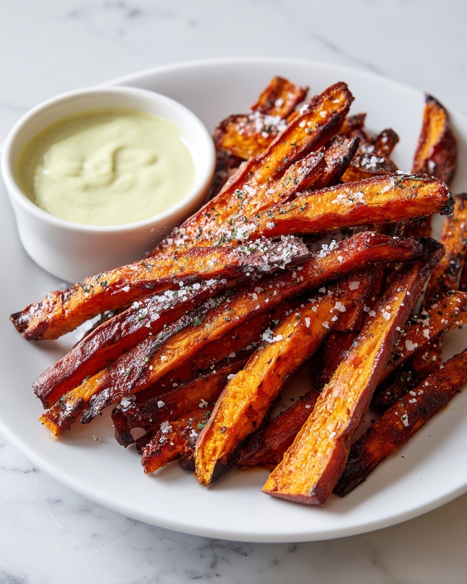 A white plate holds about a dozen thick sweet potato fries, stacked unevenly, with reddish-orange crispy edges and a slightly charred dark brown seasoning coating. Small flakes of coarse salt and green herb bits are sprinkled across the fries. On the left side of the plate, there is a small white bowl filled with a creamy, pale green dipping sauce with a smooth texture. The plate sits on a white marbled surface. photo taken with an iphone --ar 4:5 --v 7