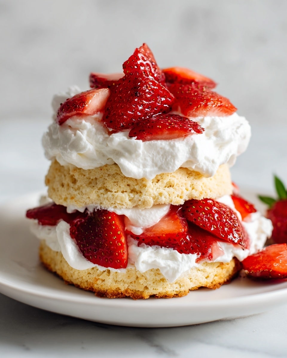 The image shows a small, two-layered shortcake dessert on a white plate with a white marbled texture background. The bottom layer is a golden brown biscuit cut in half horizontally, with the bottom half on the plate. On top of this, there is a thick layer of white whipped cream with visible soft peaks, and fresh red strawberries cut into halves and quarters are placed over the cream. The second biscuit half is placed on top, slightly offset, and is topped with another thick layer of whipped cream and more fresh strawberry pieces, creating a vibrant red and white contrast. The whole dessert appears fresh and moist, with some cream peeking out between the layers. Photo taken with an iphone --ar 4:5 --v 7