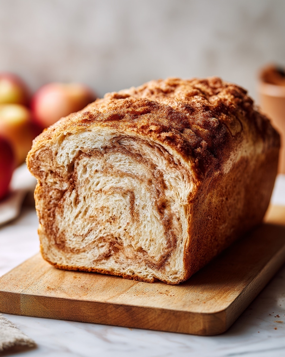 A loaf of bread with a rough, golden-brown crust sits on a wooden cutting board against a white marbled background. The bread is sliced to show its fluffy, light tan inside with swirls of darker brown cinnamon running through the soft layers. The top of the loaf is textured with a crumbly and crispy layer, giving it a homemade look. In the background, there are blurred apples adding a warm tone to the image. Photo taken with an iphone --ar 4:5 --v 7