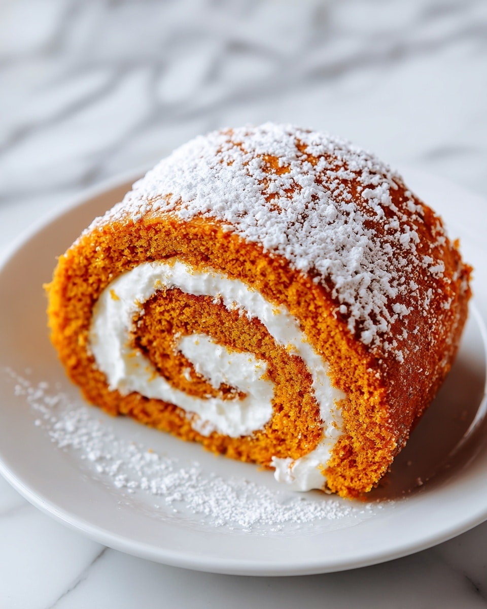 A close-up view of a sliced pumpkin roll cake with a swirl of white cream filling inside. The outer layer is golden orange with a slightly rough texture, coated lightly with powdered sugar. The cake is placed on a simple white plate, set against a white marbled background, showing the spiral shape of the cake and cream clearly. photo taken with an iphone --ar 4:5 --v 7