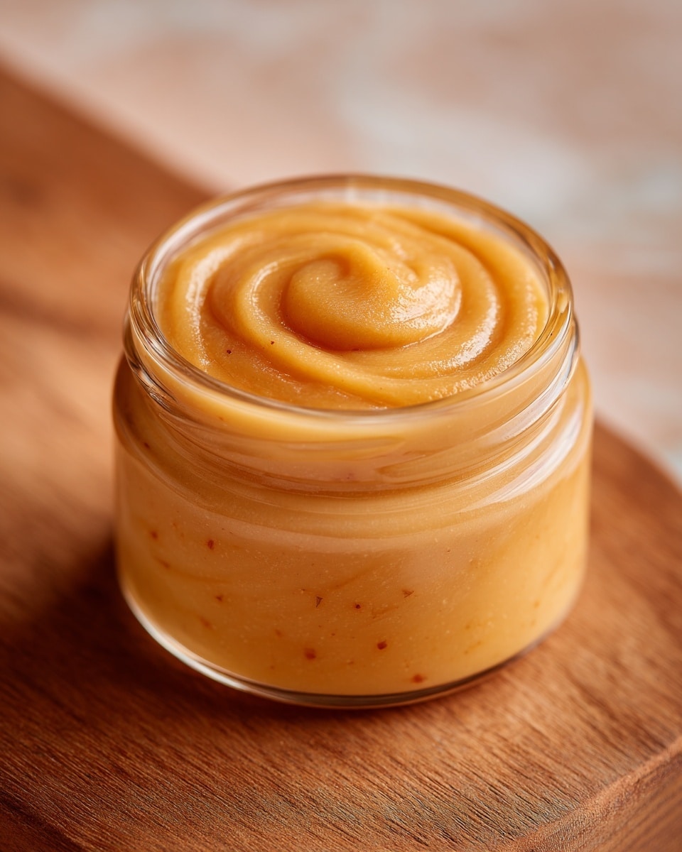 A small clear glass jar filled with smooth, thick peach-colored puree swirled gently on top, showing a creamy and slightly textured surface. The jar sits on a wooden surface with a soft focus background. The puree has a warm orange shade with tiny bits visible, suggesting fresh fruit content. photo taken with an iphone --ar 4:5 --v 7