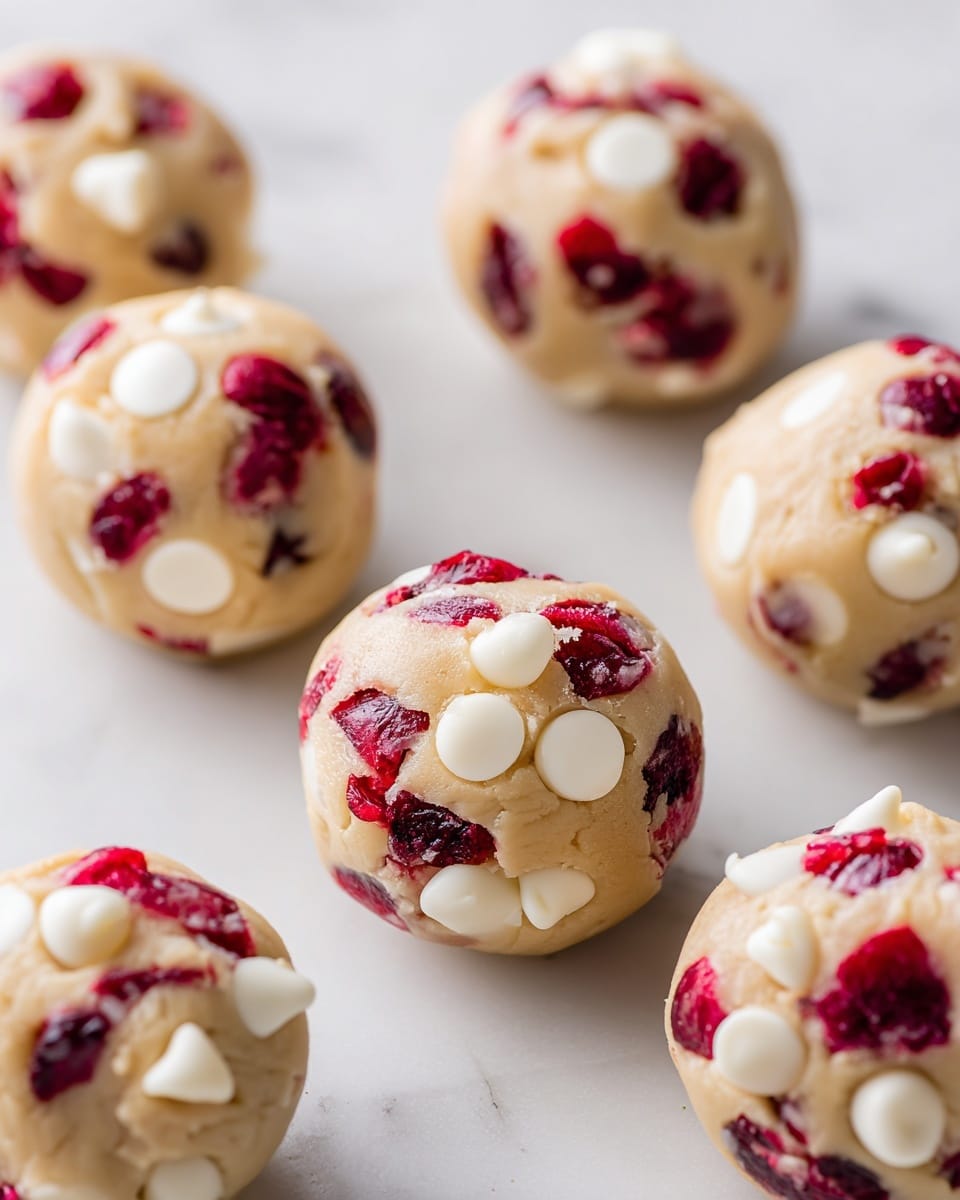 The image shows several round cookie dough balls placed on a white marbled surface, each ball filled with bright red dried cranberries and white chocolate chips that are spread evenly across the surface of the dough. The dough is light beige with a smooth and slightly shiny texture, and the white chocolate chips and cranberries create a colorful contrast on top. The cookie dough balls are close together, and the surface under them has a clean, white marbled look. photo taken with an iphone --ar 4:5 --v 7