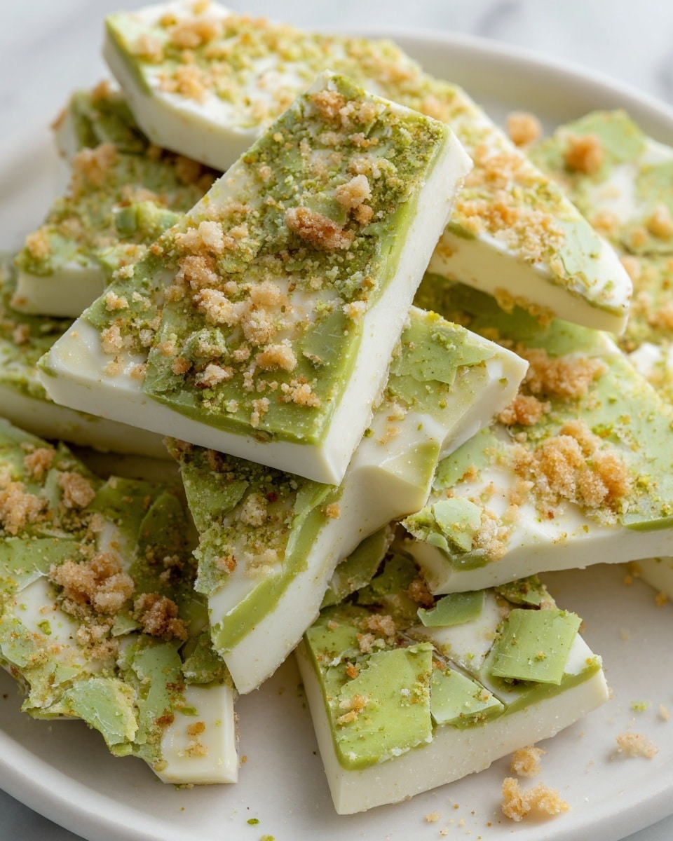 The image shows a close-up of white pieces with a light green topping broken into uneven shards, arranged on a white plate. The base layer is white and smooth, the middle layer is a thin, bright green with a creamy texture, and the top layer is sprinkled with small, tan crumbs that add a crumbly texture. The pieces have some rough edges and the surface beneath is a white marbled texture. photo taken with an iphone --ar 4:5 --v 7