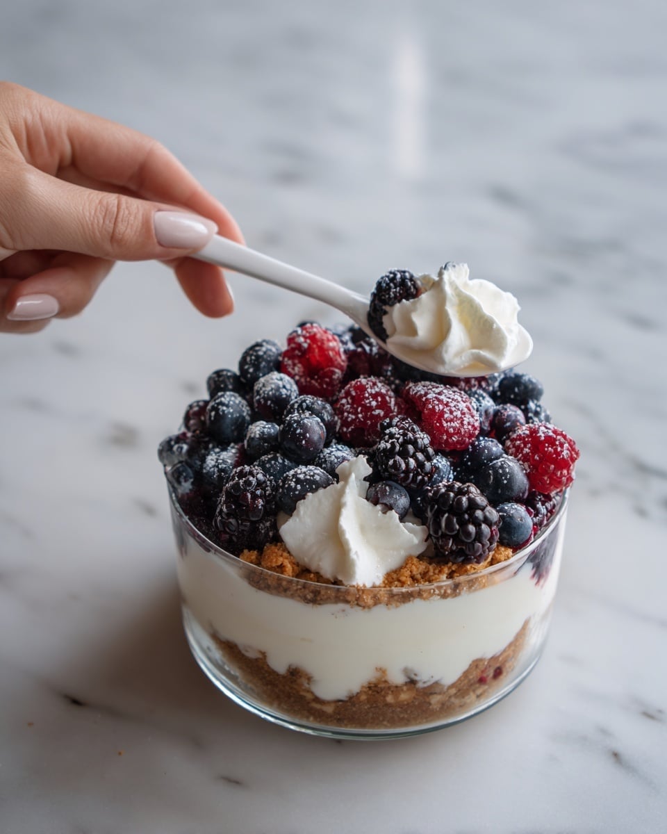 The image shows a round glass bowl with a layered dessert. The bottom layer is a crumbly golden crust, topped by a thick layer of smooth white cream mixed with whole and crushed dark berries. Above this, there is a thick layer of fresh blackberries, blueberries, and raspberries scattered unevenly. On top of the berries, there are dollops of white whipped cream and more scattered berries, some dusted lightly with powdered sugar. A woman's hand is holding a white spoon inside the bowl, ready to take a bite. The surface beneath the bowl is a white marbled texture. photo taken with an iphone --ar 4:5 --v 7