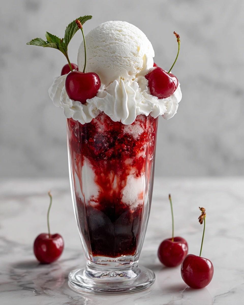 A tall clear glass filled with three main visible layers: the bottom layer is dark red jelly, the middle layer consists of bright red crushed strawberries mixed with syrup, and the top layer is white ice cream shaped in a smooth round scoop. Around the ice cream, there is white whipped cream shaped in small swirls. Three bright red cherries with green leaves are placed on top of the whipped cream. The glass is set on a white marbled surface. photo taken with an iphone --ar 4:5 --v 7