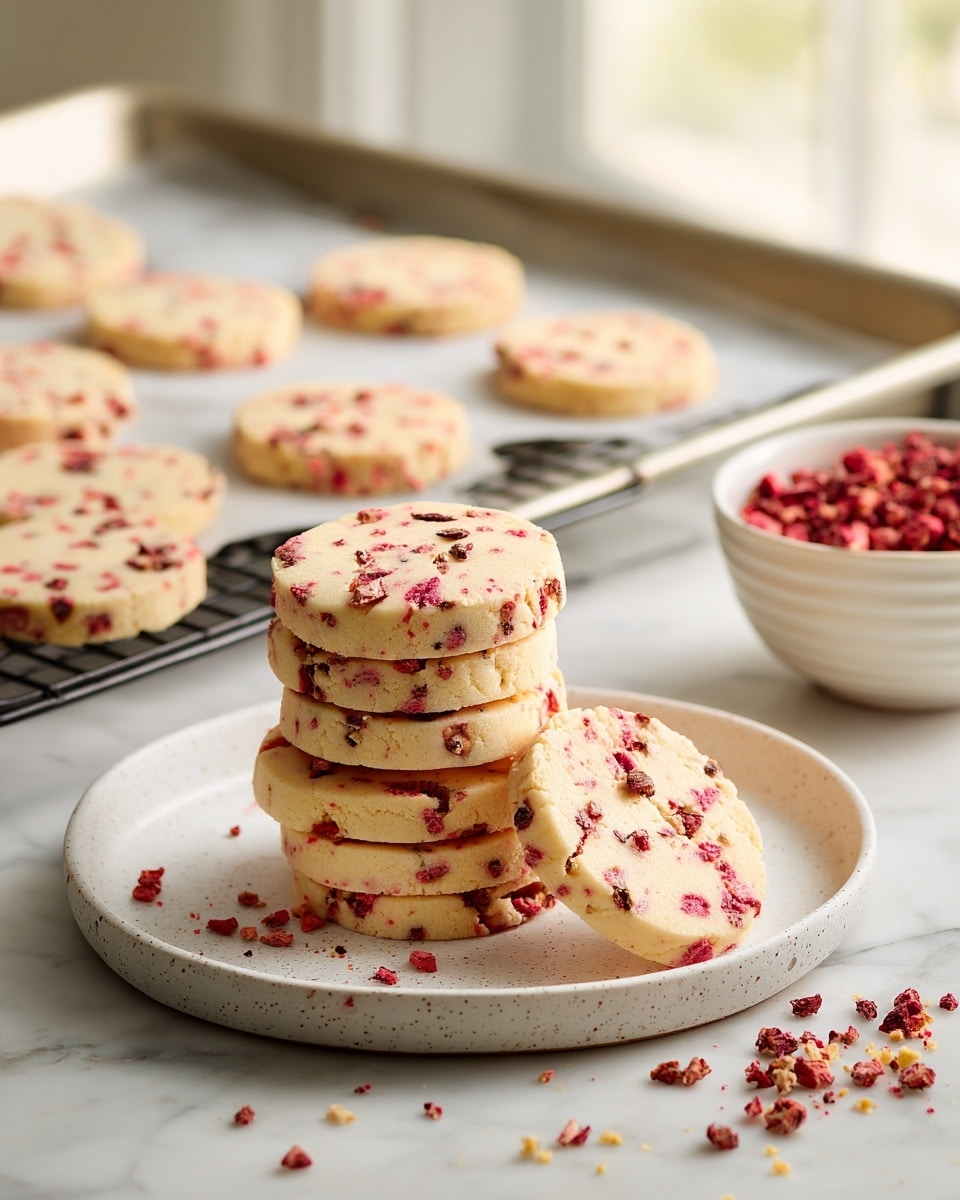 A white speckled plate holds a stack of seven round strawberry shortcake butter cookies, each cookie pale golden with small red strawberry pieces baked evenly throughout. Behind the plate, a black cooling rack is lined with a single layer of eleven more cookies, showing the same light texture and red spots. To the right, there is a white bowl filled with small pieces of freeze-dried strawberries, and behind it, a white baking tray lined with parchment paper sits on a white marbled countertop. Scattered crumbs and berry pieces lie near the plate and bowl, with soft natural light coming from a nearby window, creating a warm and inviting kitchen scene. Photo taken with an iphone --ar 4:5 --v 7