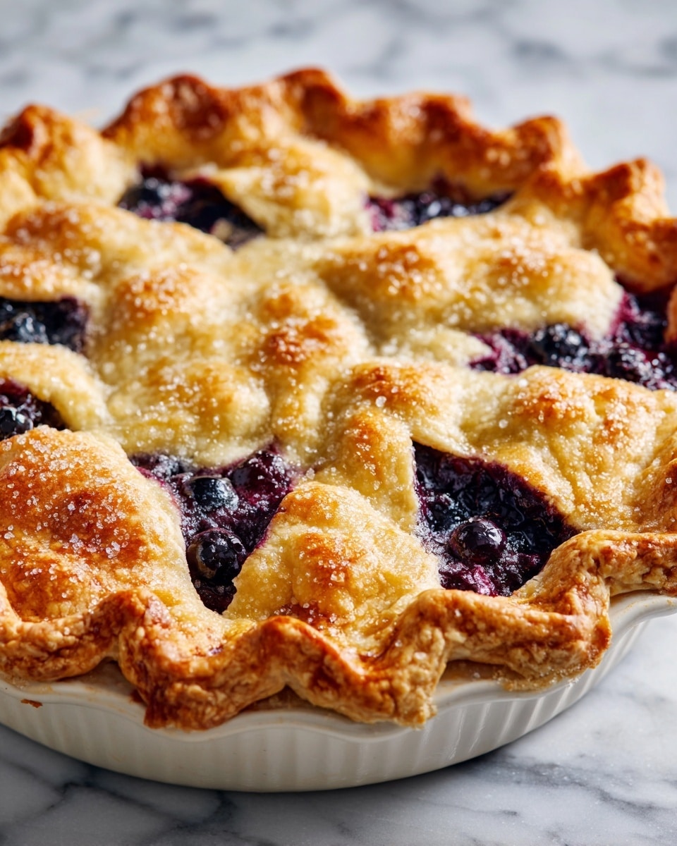 A golden-brown pie with a crimped, textured crust sits on a white plate, the edges folded into a decorative pattern. The top crust has several triangular cutouts arranged in a circular shape, revealing a dark blue filling of whole blueberries peeking through the center. The crust shows a slightly flaky surface with a light dusting of sugar crystals that add a sparkling effect. The background is a white marbled texture, providing a clean, bright contrast to the warm tones of the pie. photo taken with an iphone --ar 4:5 --v 7