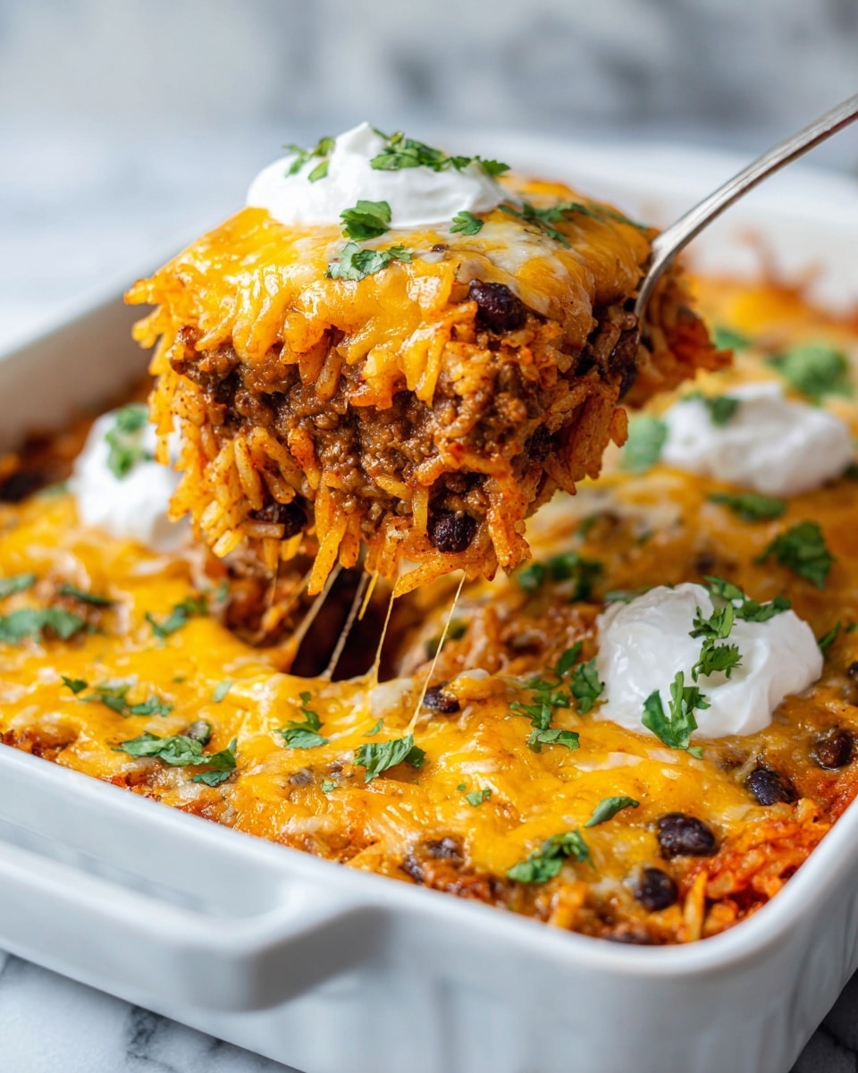 A close-up view of a white casserole dish filled with a taco hashbrown casserole showing several layers: the bottom layer has cooked black beans mixed with browned ground beef and diced potato pieces, the middle layer is crispy golden hashbrown potatoes, and the top layer is melted bright orange cheddar cheese stretched on a fork holding a scoop of the casserole. The scoop has a dollop of white sour cream and small bright green cilantro leaves scattered on top and throughout the dish. The dish sits on a white marbled surface with a textured background. photo taken with an iphone --ar 4:5 --v 7