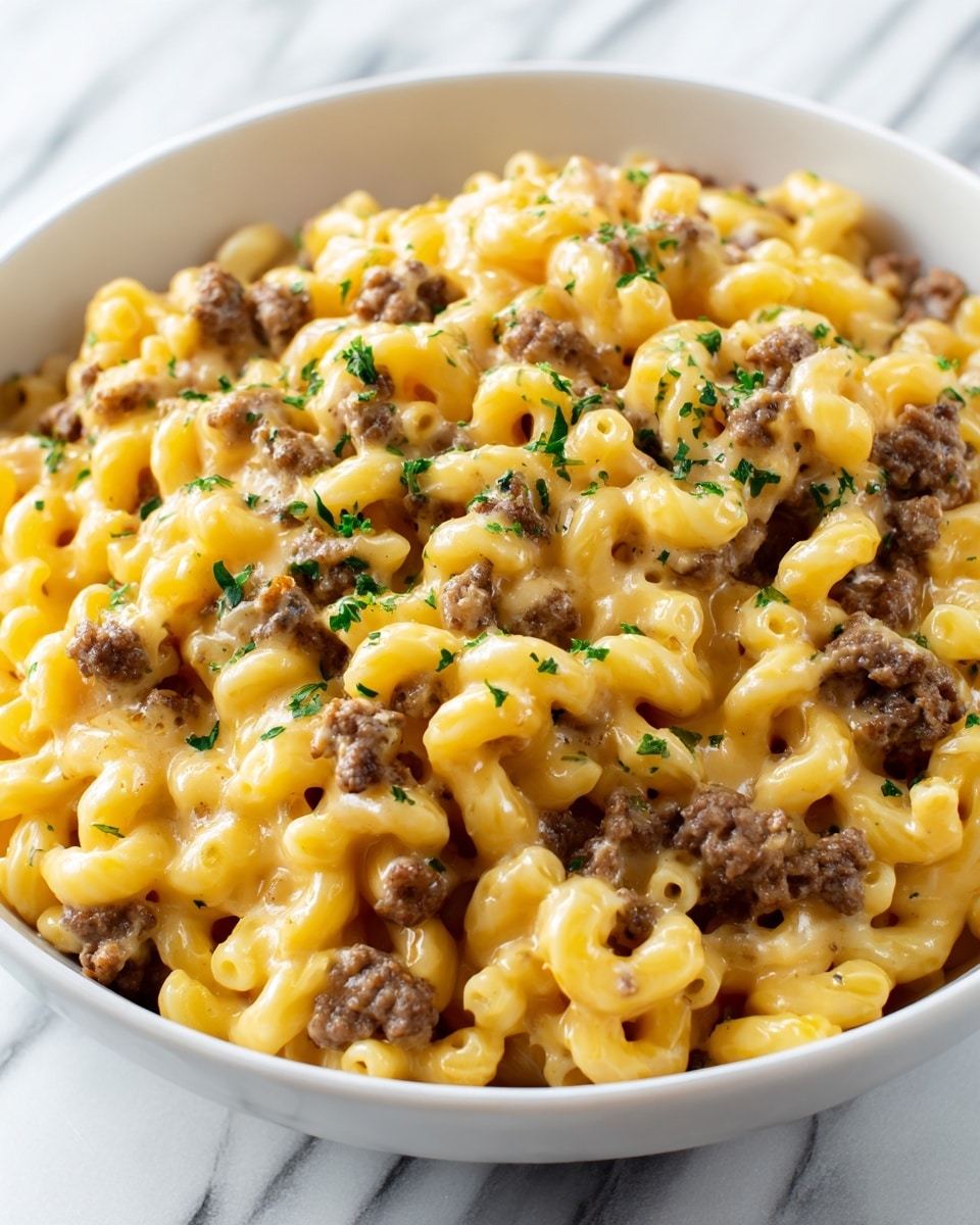 A close-up view of a dish filled with two main layers: the bottom layer is soft, creamy yellow macaroni pasta coated in cheese sauce, with a smooth and slightly shiny texture, and the top layer is small, browned ground beef pieces scattered evenly across the pasta, mixed with green chopped herbs sprinkled on top for color contrast. The dish is served in a large white bowl, and the background is a white marbled texture. photo taken with an iphone --ar 4:5 --v 7