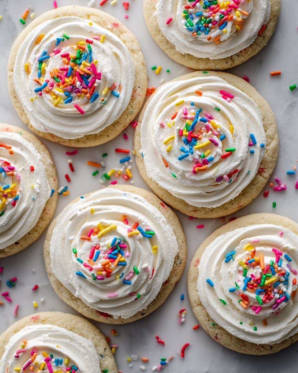 A close-up top view of seven round cookies arranged in a loose cluster on a white marbled surface with some colorful sprinkles scattered around. Each cookie has one thick base layer of light beige dough with small visible colorful specks mixed in. On top of that, a thick layer of smooth white frosting is spread in a circular, swirled pattern on each cookie. The frosting is decorated with small, bright rainbow-colored sprinkles in various shapes, mostly small cylinder-like pieces in red, blue, yellow, green, orange, white, pink, and brown. Photo taken with an iphone --ar 4:5 --v 7
